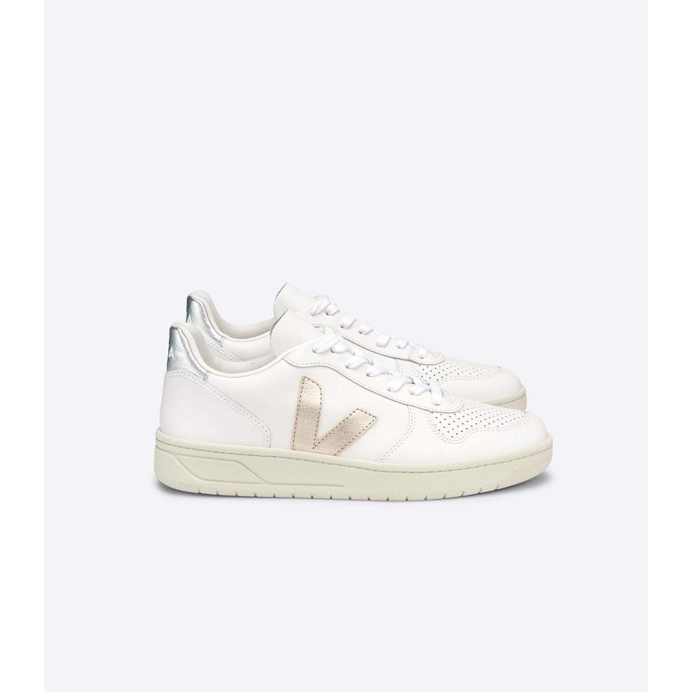 Veja V-10 LEATHER Sneakers Dames White/Silver | NL 650DFM